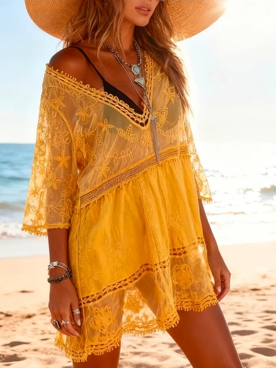 Boutique Other - NEW Boho Embroidered Lace Cover Up Tunic Top Dress Sheer Mesh Floral Yellow